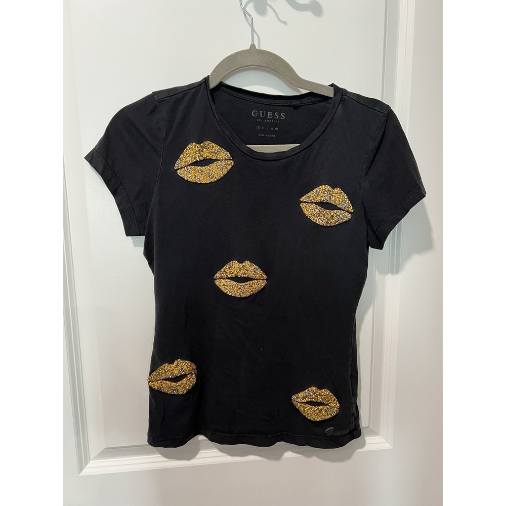 Guess Black Long Sleeve Tee with Gold Glitter Lip Motifs
